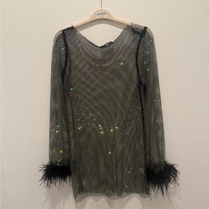 Black Mesh Dress with Feather Cuffs